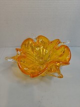 Vtg. Chalet MCM Canada Orange Four Point Ruffled Art Glass Console Candy Bowl - £65.78 GBP