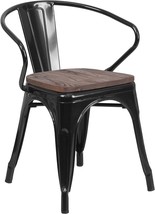 Flash Furniture Black Metal Chair With Wood Seat And Arms - £93.51 GBP