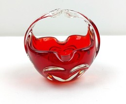 Vtg red art glass basket ashtray with handles Murano style trinket jewelry bowl - £29.14 GBP