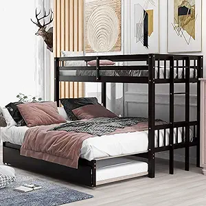 Twin Over Pull-Out Queen Full Bunk Bed With Trundle, Solid Wood Bunkbed ... - $960.99