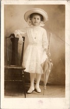 Young Girl Large Hat Hair Bow Jewelry Umbrella Studio Photo 1912 Postcard Y18 - £7.95 GBP