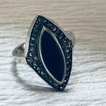 Estate 925 Marked Long Black Onyx Marquise Stone Rimmed in Marcasite Art Deco St - £26.04 GBP