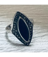 Estate 925 Marked Long Black Onyx Marquise Stone Rimmed in Marcasite Art... - £25.61 GBP