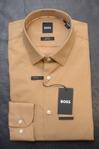 HUGO BOSS Hommes Hank Kent Facile Fer Slim Fit M Beige Robe Coton Shirt 37 14.5 - £51.27 GBP