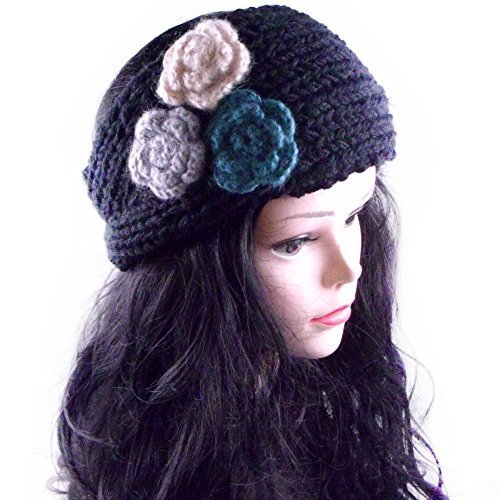 Tricolor Flowers Black Women Crochet Warm Headband/Headwear/Hair Accessory