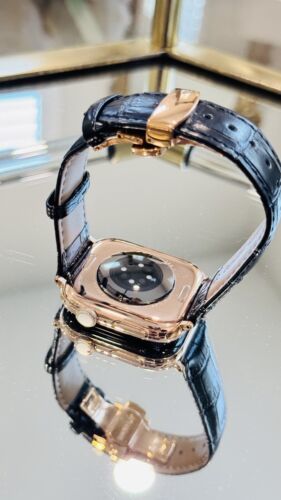 24k ROSE Gold Plated Apple Watch Series 10 46mm Black Leather Band CUSTOM Item image 6