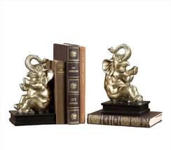 Lucky Golden Elephant Bookends Set Trunks Up 9&quot; High Poly Stone Library Books - £35.59 GBP