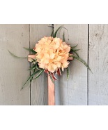 Hand-Painted Pine Cemetery Cross: Light Peach Colored Hydrangea Grave De... - $25.00