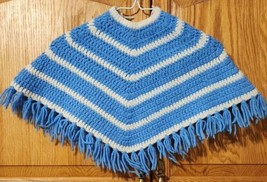 Vintage Crochet Poncho  Childs Girls Blue and White Bands Handmade - $10.79
