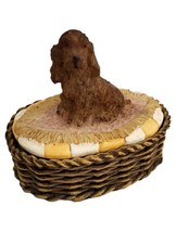 Vintage  Brown Cocker Spaniel Dog Figurine in Wicker Basket Trinket Box - $13.98