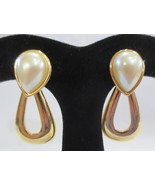 Monet Clip On Earrings Gold Tone Dangle Drop  Faux Pearl Vintage 1 7/8&quot; - £15.69 GBP