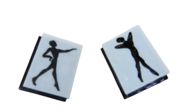 Vtg pair fused art glass rectangular black &amp; white dancing silhouette brooches - £11.78 GBP