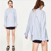 Zara Trafaluc Collection Oversized Blue Stripe Bowtie Back Button Down Top Small - £26.48 GBP