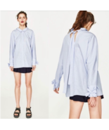 Zara Trafaluc Collection Oversized Blue Stripe Bowtie Back Button Down T... - $33.62