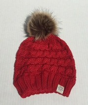 Winter Knit Beanie Hat Skull Cap Solid Red With Faux Fur Pom Recycle Sof... - £14.37 GBP