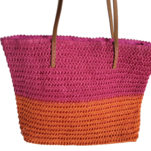 Pink &amp; Orange Straw Shopper Beach Gym Tote Bag Handbag Purse Big Large P... - $13.32