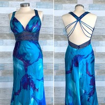 Cache Sequin Beaded Strappy Open Back Satin Gown Blue Floral Vintage Womens 6 - $148.49