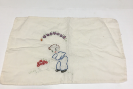 Vintage embroidered little boy with flowers small dresser scarf runner - $19.75