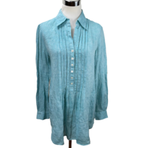 Lafayette 148 Linen Henley Oversized Long Teal White Top Size S Tunic Button - £39.27 GBP