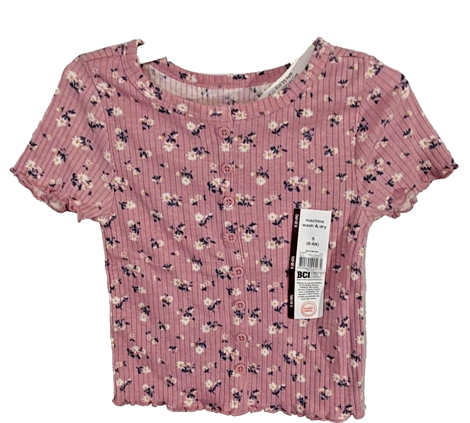 New Wonder Nation Girls Short Sleeve Rib Top Shirt Floral Mock Button ~L (10-12)