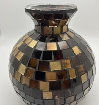 Mosaic Brown And Gold Tile Glass 5” Vase Unbranded - £8.92 GBP