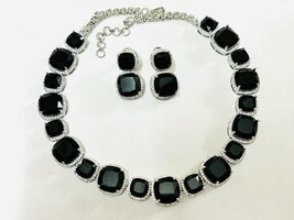 Bollywood Style Silver Plated Black CZ Choker Necklace Earrings Jewelry Set - £74.30 GBP