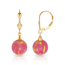 9 mm Ball Shaped Light Pink Fire Opal Leverback Dangle Earrings 14K Yellow Gold - £101.73 GBP