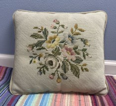 Vtg Floral Wool Needlepoint Throw Pillow Beige Flowers 12x13” Distressed - $27.23
