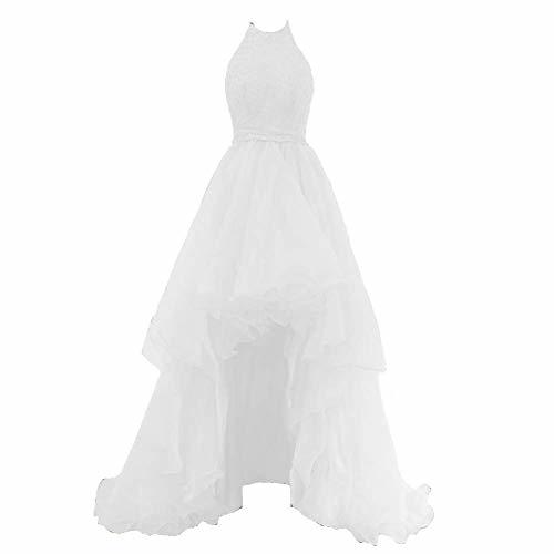 Sheer Beaded Halter High Low Organza Formal Gown Homecoming Prom Dress White 6