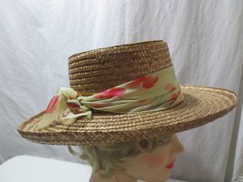 Vintage Carolina Amato Straw hat w/scarf wide brim  - $35.00