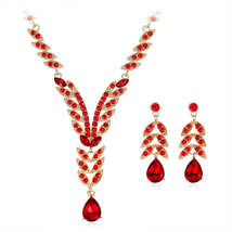 Red Crystal &amp; Cubic Zirconia Botanical Lariat Necklace &amp; Drop Earrings - £15.97 GBP