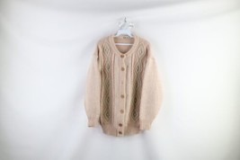 Vtg 70s Streetwear Womens M Distressed Wool Blend Flower Knit Cardigan Sweater - £39.40 GBP