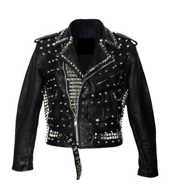 Men Black Full Silver Studded Brando Biker Cowhide Leather Jacket Motorcycle Cla