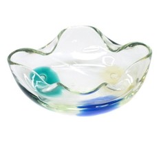 Vintage Clear Glass Multicolor  Art Glass Folded Edge Candy Dish Bowl 7.5&quot; - $21.75