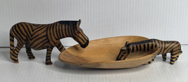 Vintage Kenya Hand Painted Carved Wood 8&quot; Bowl Mom &amp; Baby Zebra  Ethnic African - £17.80 GBP