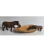 Vintage Kenya Hand Painted Carved Wood 8&quot; Bowl Mom &amp; Baby Zebra  Ethnic ... - $22.72