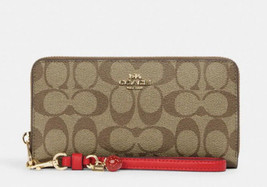 New Coach CH595 Long Zip Around Wallet Coated Canvas Khaki / Electric Red - £97.79 GBP