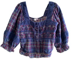 American Eagle Cottagecore Cropped Ballon Sleeves Blue Cotton Top Blouse... - $17.81