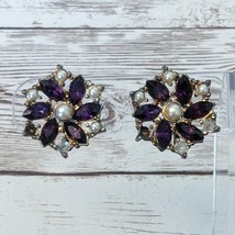 Vintage Screw On Earrings Purple Gems and Faux Pearls - Poor Condition - $6.99