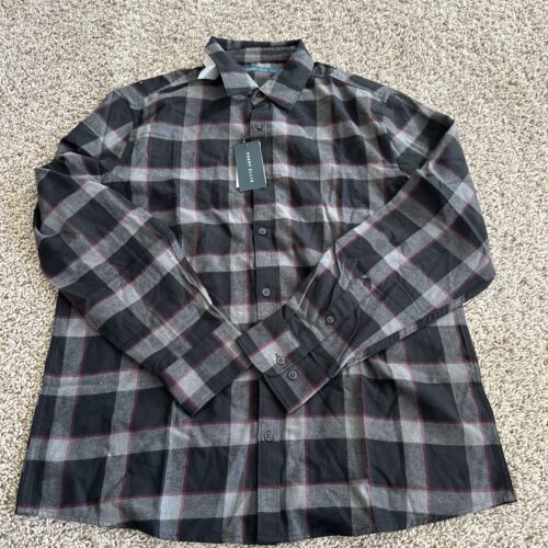 Perry Ellis Mens Flannel Shirt Button Down Burgundy Untucked Size Large - $18.69