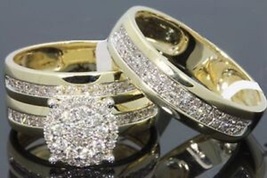 His and Hers Couple Wedding Trio Ring Sets with Free Gift 14Kt Gold Plated 7 8 9 - £124.49 GBP