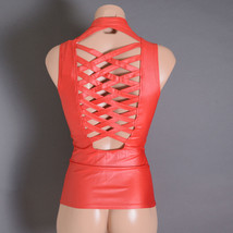 Red Womens Faux Leather Cleavage Zipper Lace Up Strappy Fitted Vest Club... - $54.72 CAD