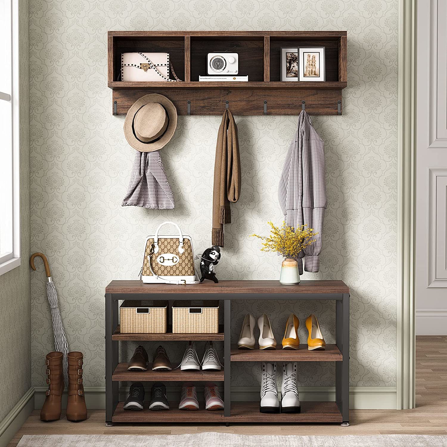 Tribesigns Coat Rack Shoe Bench Set, Hall Tree with Shoe Bench, Industri... - $142.99