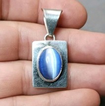 Sterling Silver Pendant Blue Cat&#39;s Eye Vintage Amulet 1.4&quot; 925 Southwestern Boho - £18.48 GBP