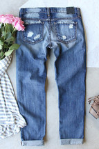 Sky Blue Santa Claus Pattern Splicing Distressed Boyfriend Jeans - $730.68 MXN