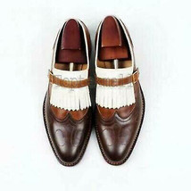 Handmade Men&#39;s Leather Three Tone Monk Straps Tan Brown Brogue Formal Sh... - £171.93 GBP