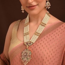 VeroniQ Trends-Elegant Long Gold Plated Jadau Necklace With Pearls-Bridal - £275.32 GBP