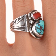 Sz12 Vintage Navajo sterling turquoise, and coral ring - £146.40 GBP