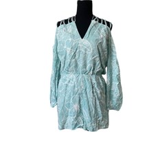 New Friends Colony Tiffany Blue Hibiscus Floral Strappy Cold Shoulder Ro... - $37.40