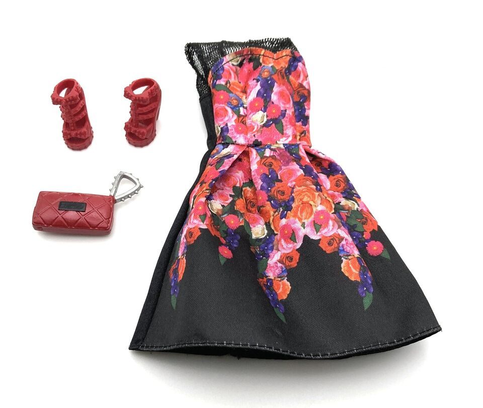 Mattel Barbie Fashions Black Floral Dress With Shoes & Purse 2014 - $11.00